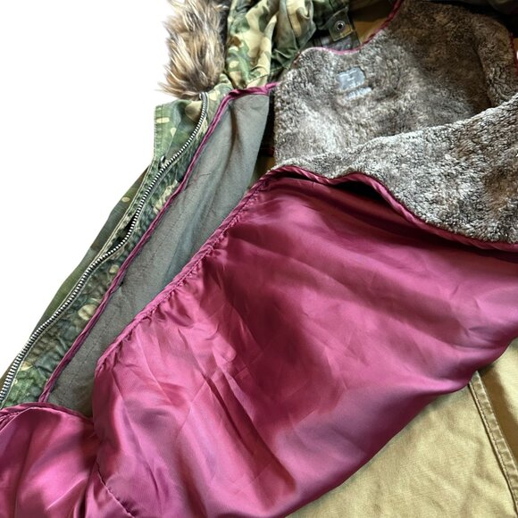 Gap Camo Print Jacket Coat Anorak Faux Fur Lined Hood Zip-Out Lining Size Small - Picture 8 of 16